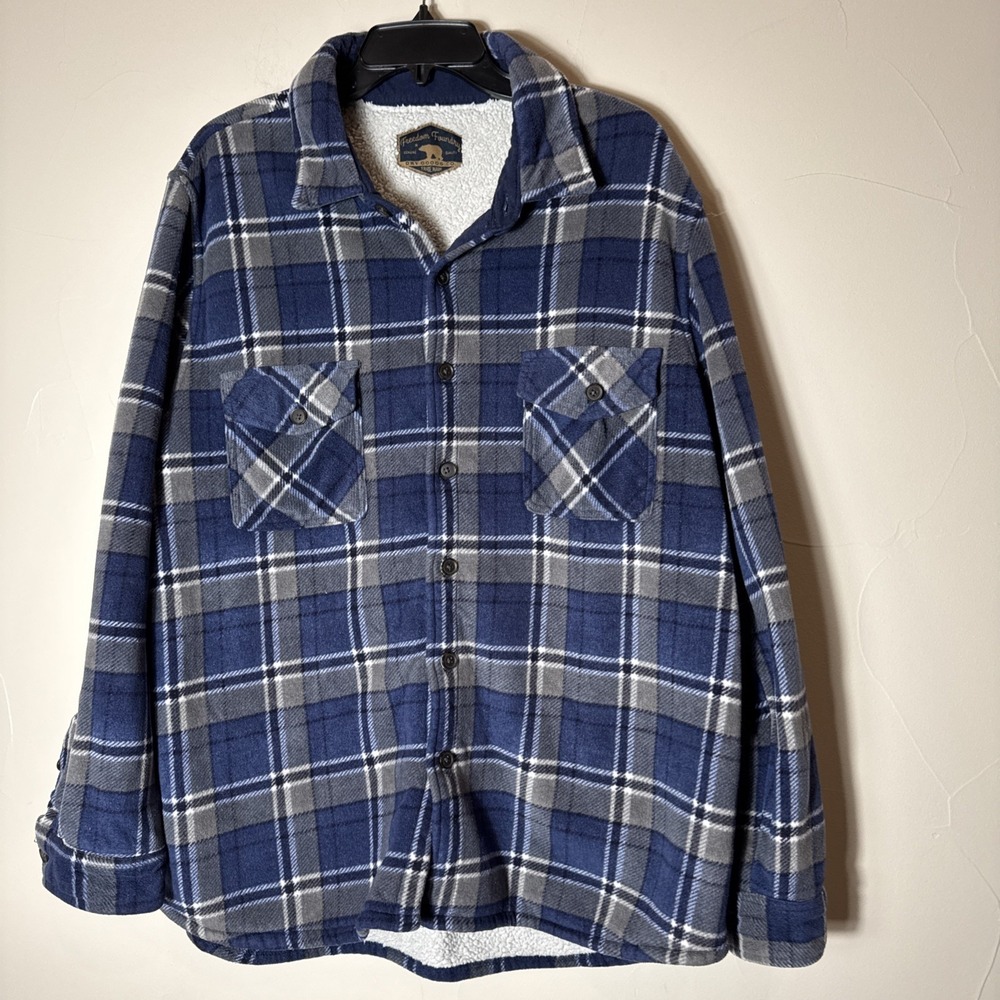 Freedom Foundry Flannel Shirt Jacket Mens XXL Blue Plaid Sherpa Lined Shacket